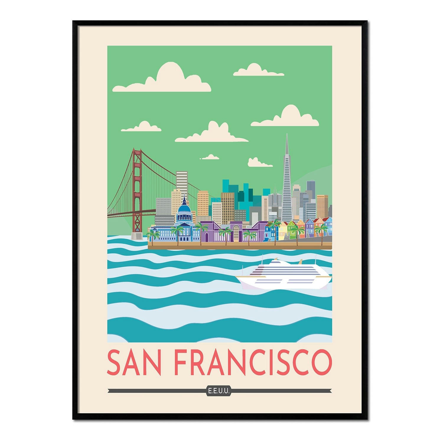 CIUDADES - Affiche avec cadre noir - San Francisco - 50x70