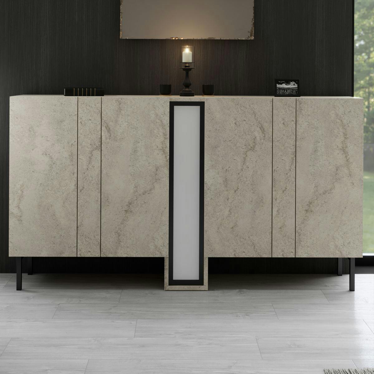 Buffet salle à manger 4 portes décor travertin colonne LED AURA