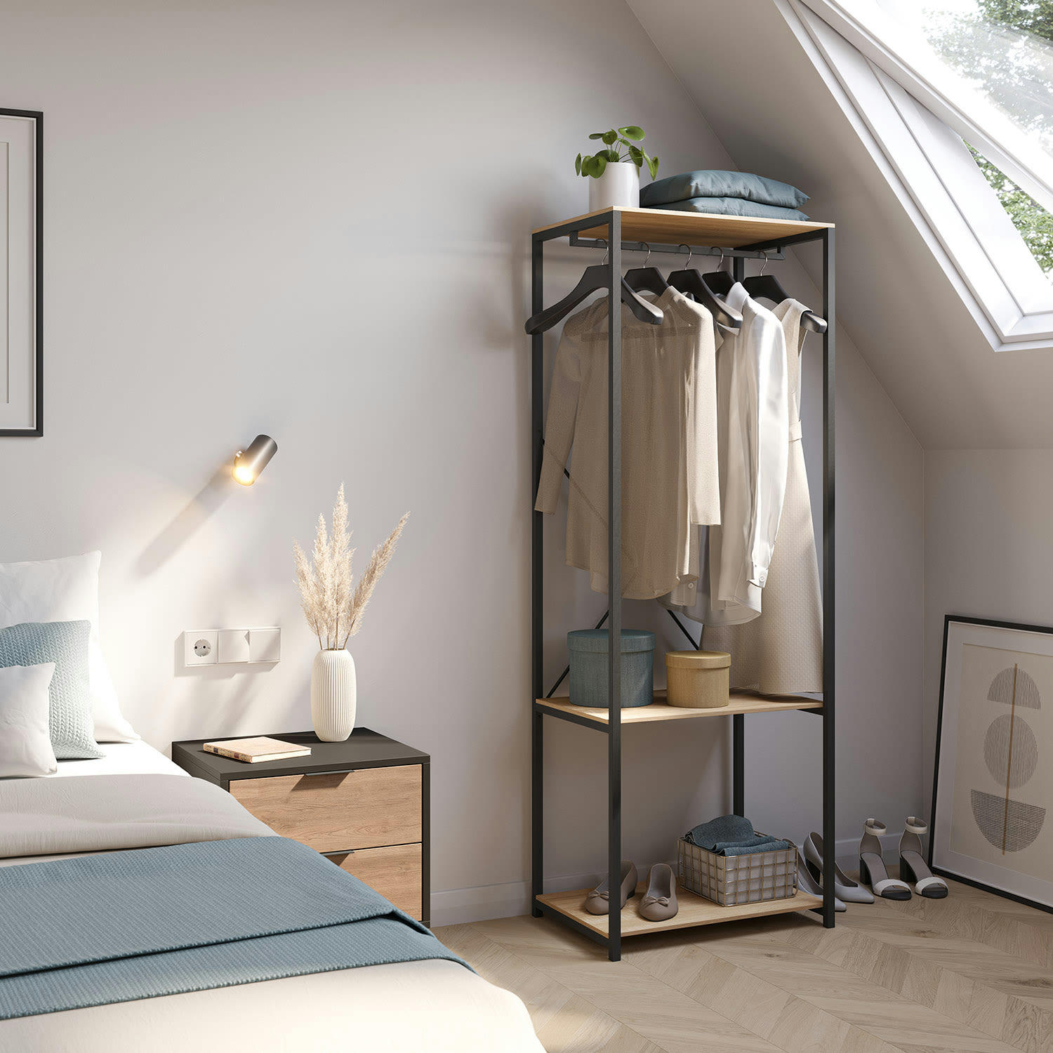 JULIA - Dressing 2 étagères 1 barre, couleur chêne/noir