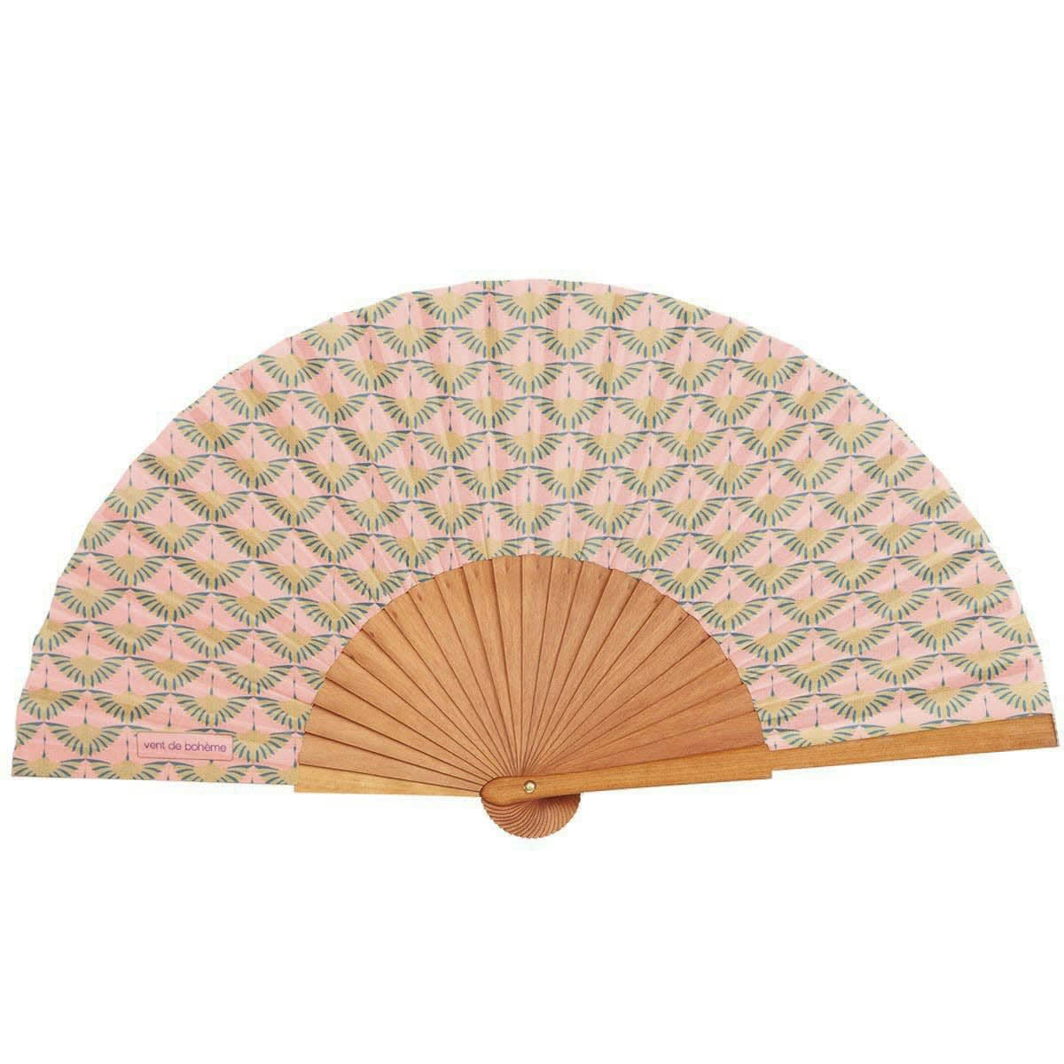 BLESS - Éventail en bois de merisier et coton motif graphique corail