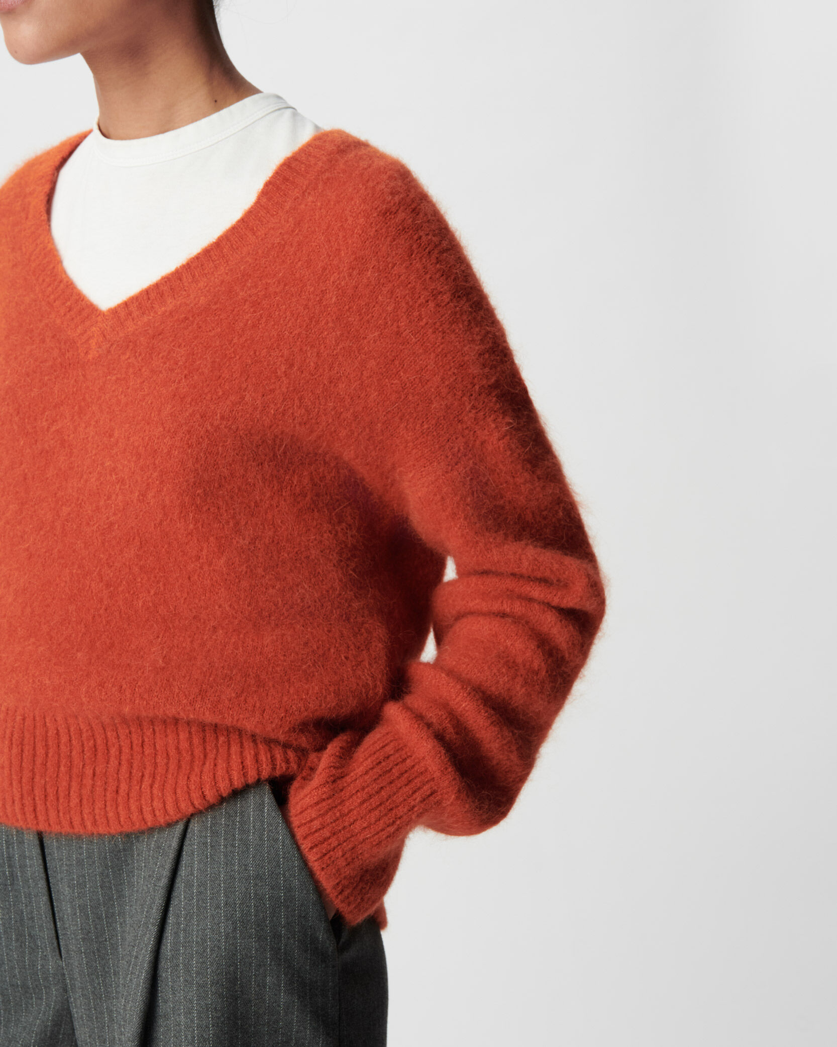 Pull col V orange tricot mix alpaga Femme