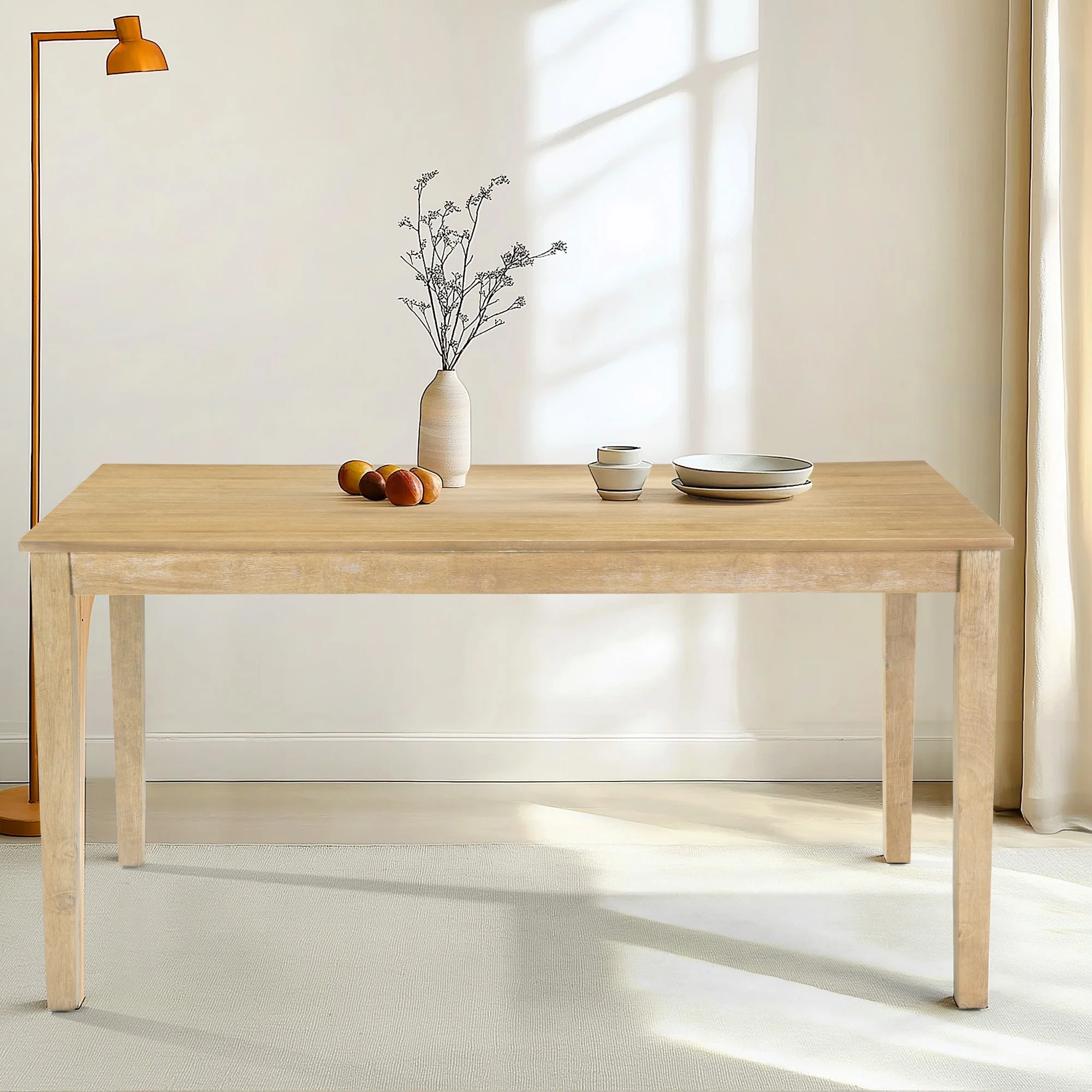 Farmhouse Style Solid Wood Dining Table, 60 Inch Length, Rubberwood Legs with Adjustable Glides, MDF + Rubberwood Veneer Top