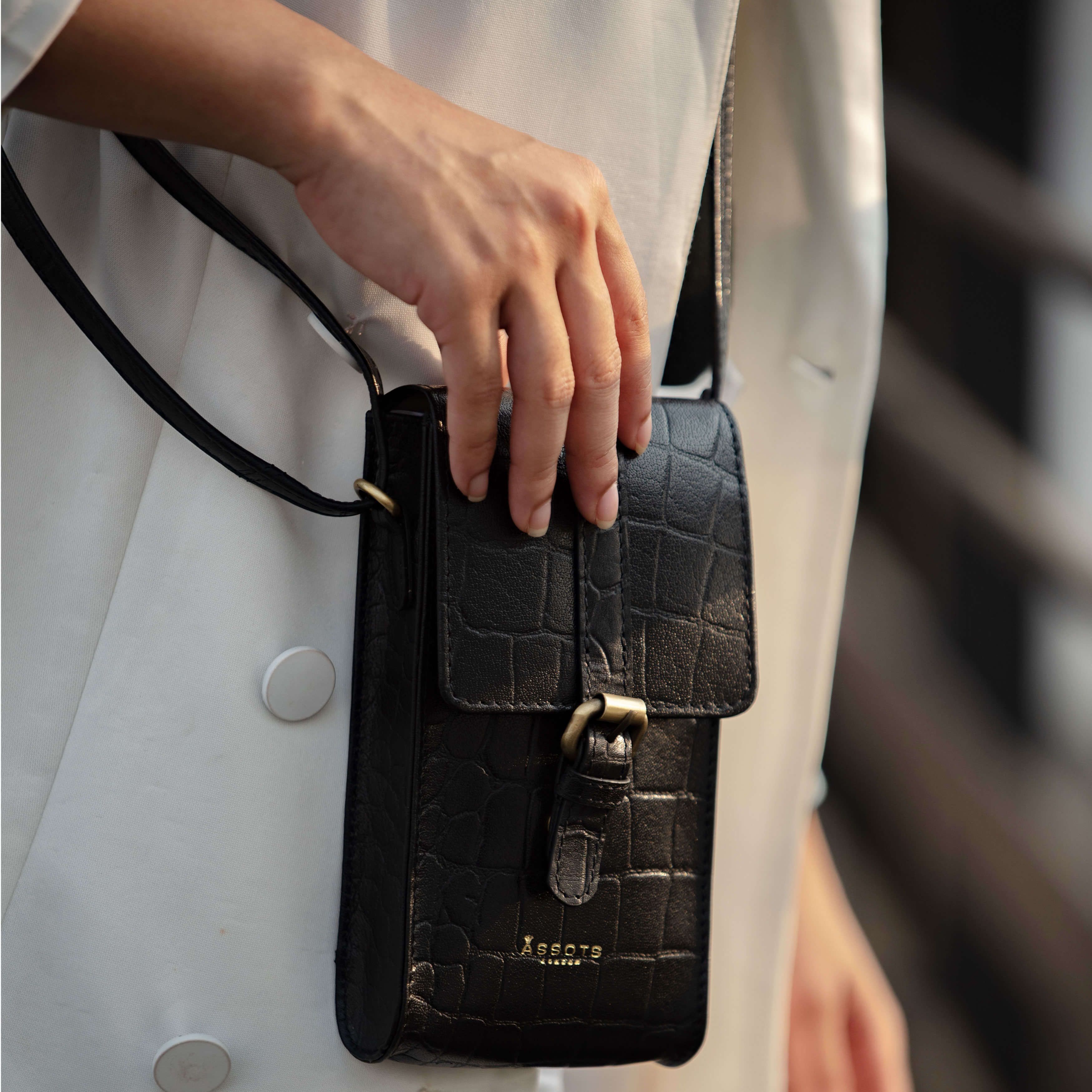 Assots London PETRA' Croc Real Leather Mobile Phone Crossbody Bag