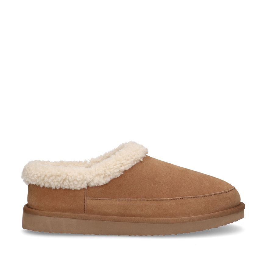 Manfield Cognac suède pantoffels met imitatie wol