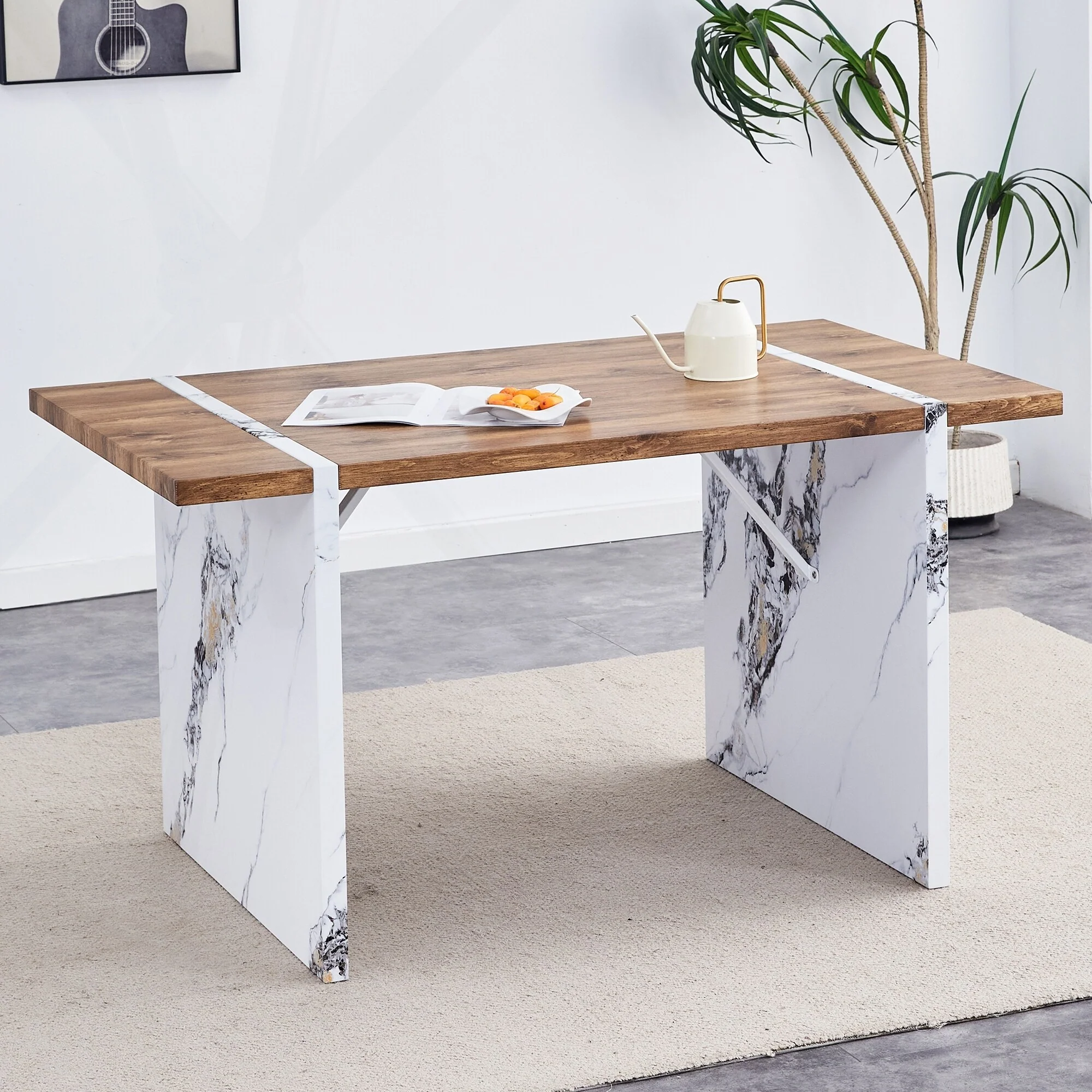 Charming Rustic Dining Table with Sturdy Marble-Style Legs