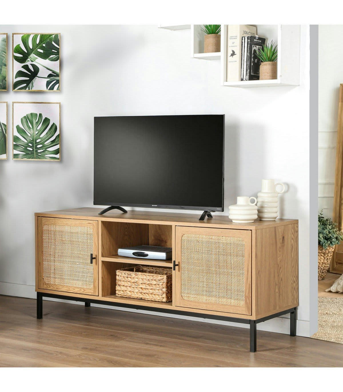 JAYA - Meuble TV 2 Portes avec Cannage Rotin et 2 Niches - L120cm
