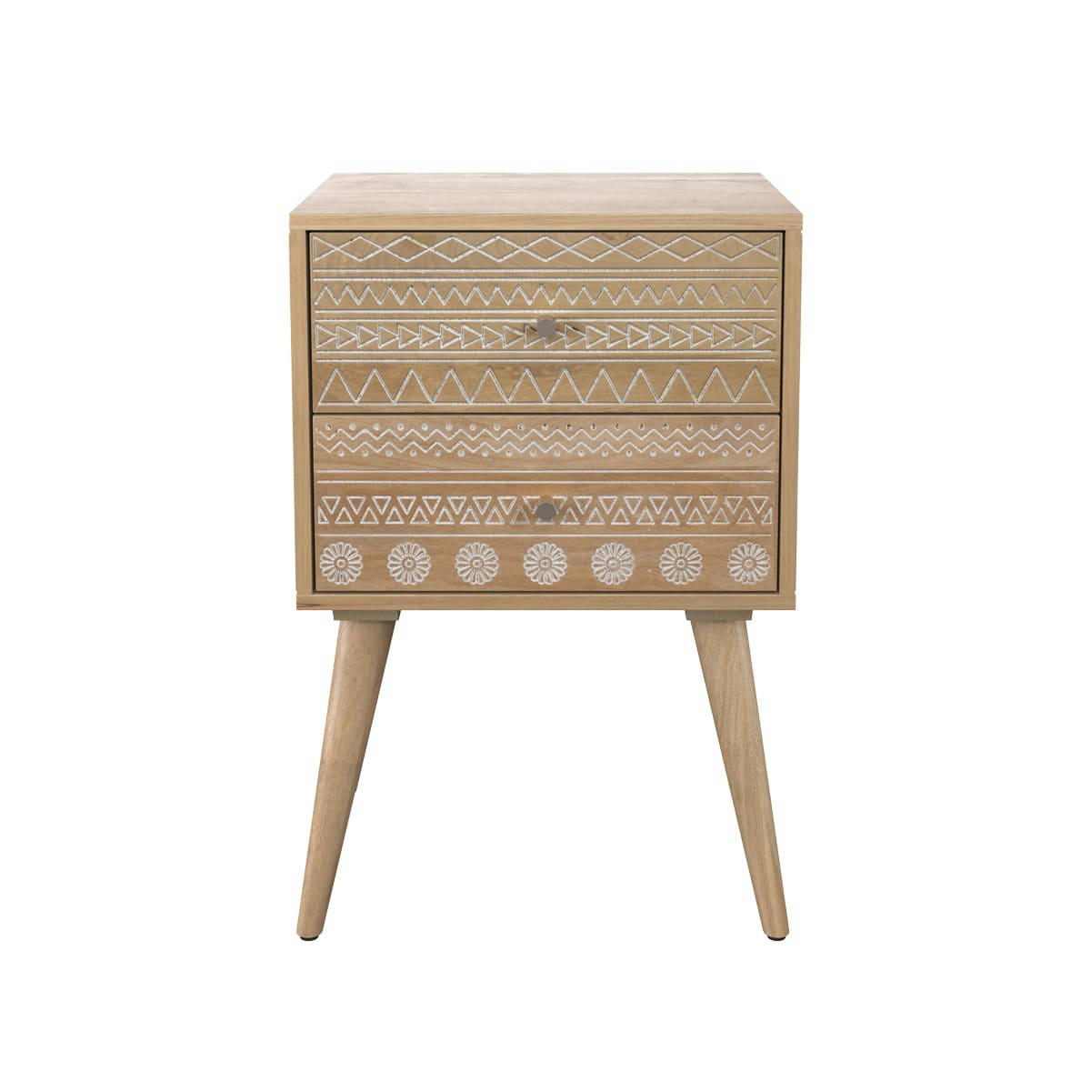 TINY - Table de chevet en bois de manguier gravé 2 tiroirs
