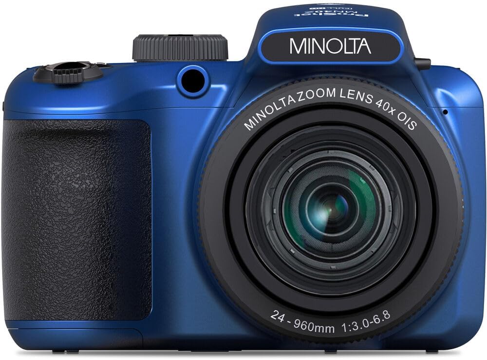 MINOLTA MN40Z 20 Mega Pixels 40x Optical Zoom Digital Camera with 1080p FHD Video  Blue  Bundle with 64GB Memory Card + Vlogging Tripod + 4xAA Battery with Charger + More Accessories