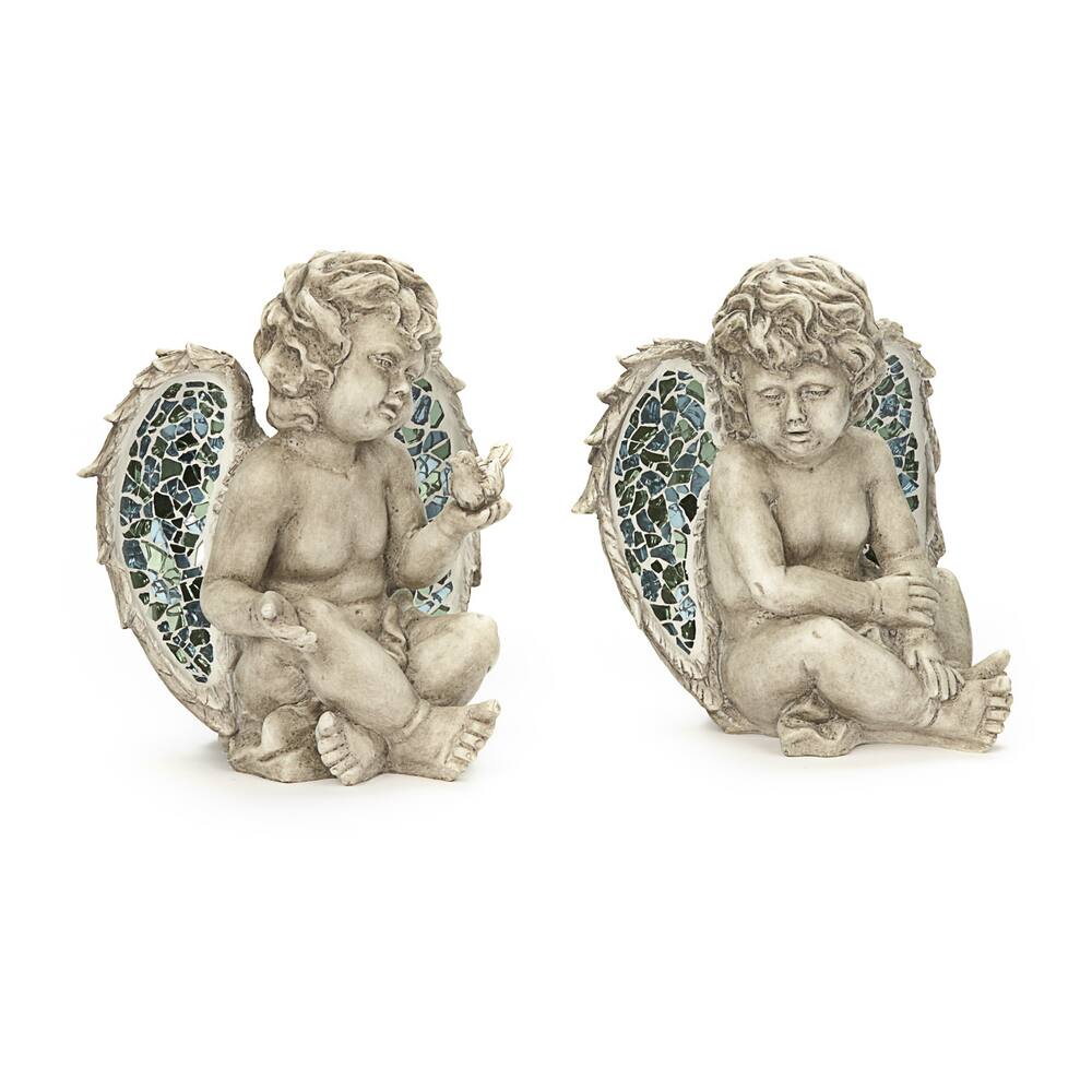 For Living Angel Statue & Lawn Ornament with Mosaic Wings, 9.45-in, Grey, Assorted