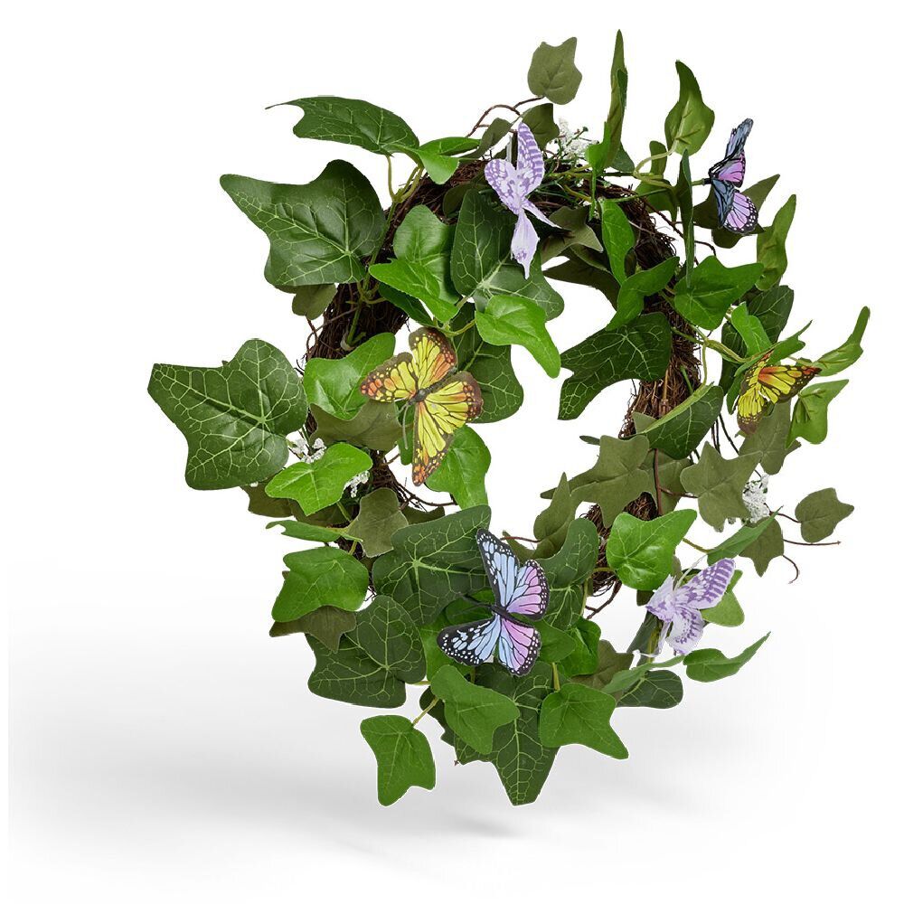 Couronne déco printemps lierre artificiel et papillons Ø45cm