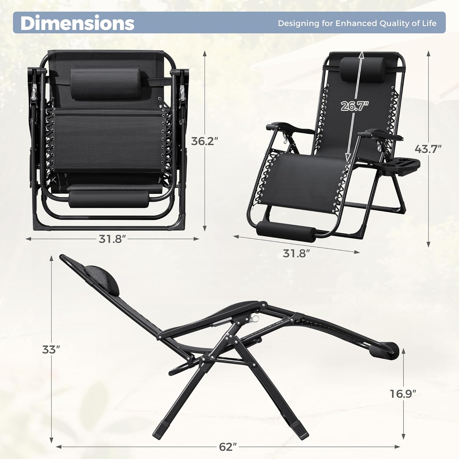 Homall Oversized Zero Gravity Chair, 32In Recliner Lounge Chair with Removable Soft Cushion and Cup Holder, Adjustable Anti Gravity Chair Folding Patio Chairs Padded for Indoor and Outdoor (Black)