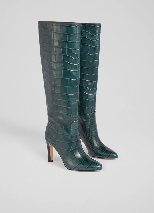 Margret Sea Green Croc-Effect Leather Knee-High Boots