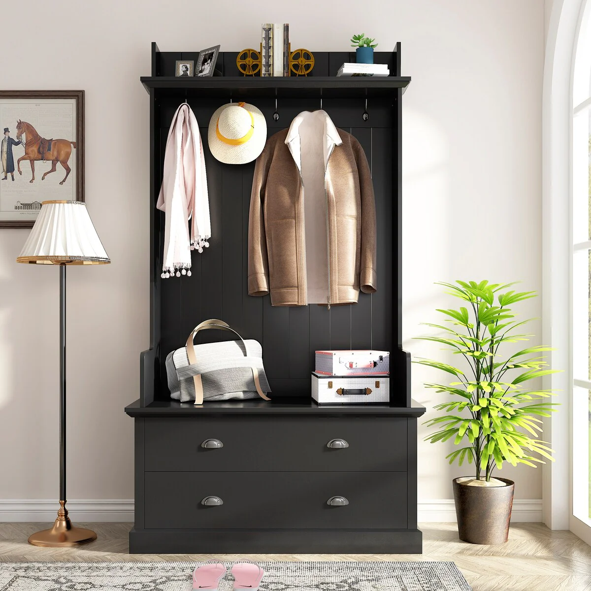 Vintage Style 38.5 Wide Hallway Coat Rack with 5 Metal Hooks and 2 Large Drawers Hall Tree