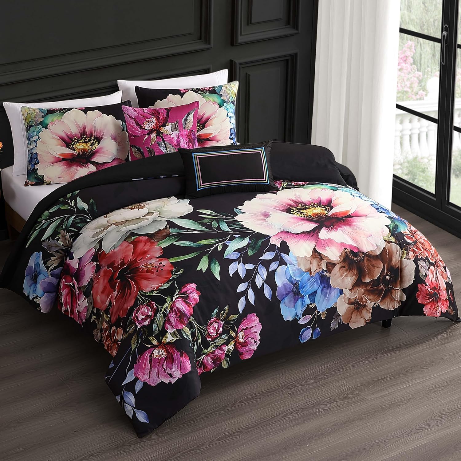 Bebejan Black Night Poppies 5 Piece Comforter Set, 100% Cotton Sateen, 220 Thread Count, Reversible Bedding Comforter Set, 1 Comforter, 2 Shams & 2 Pillows (King/Cal King)