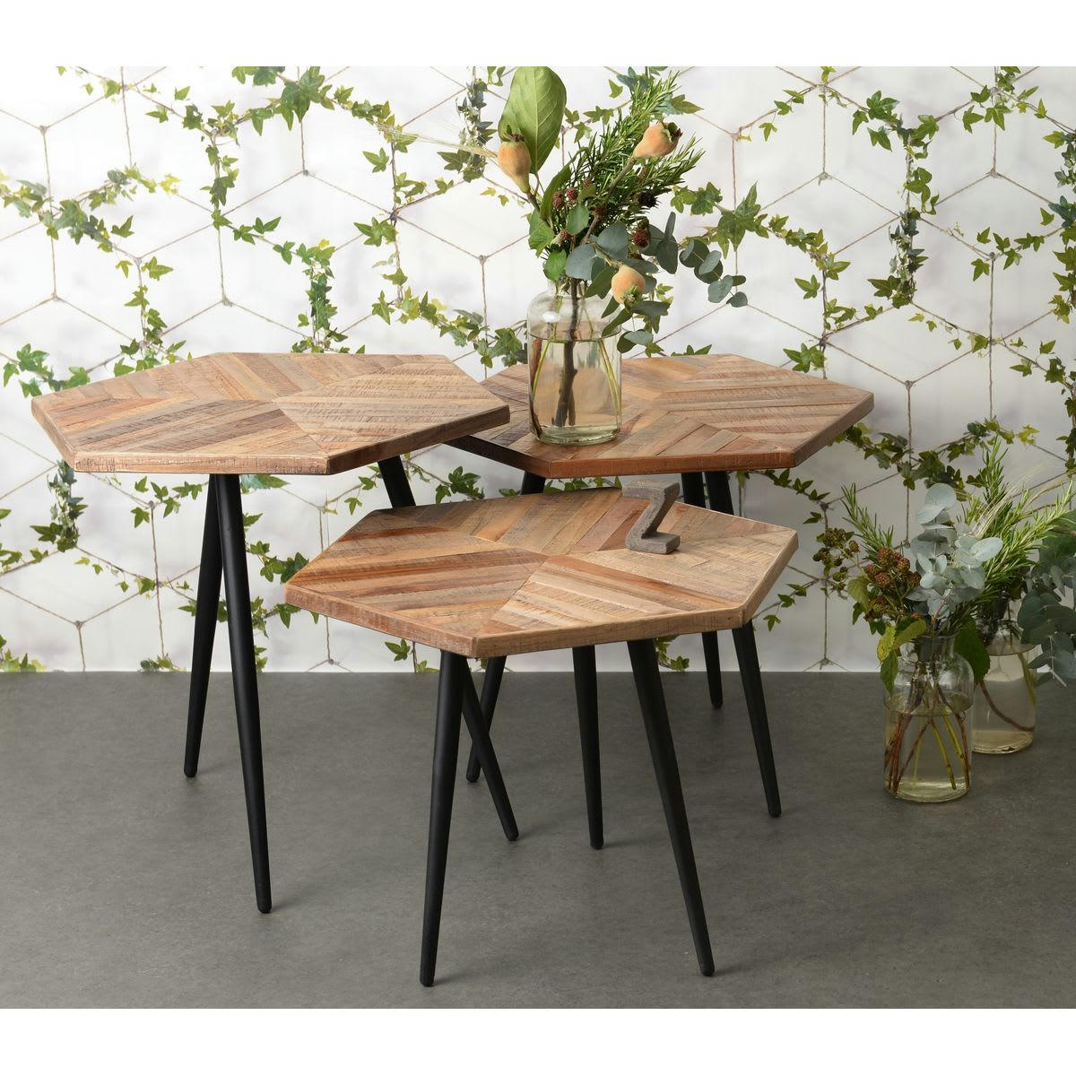 WOODY - Tables basses hexagonales teck recyclé et métal  (set de 3)