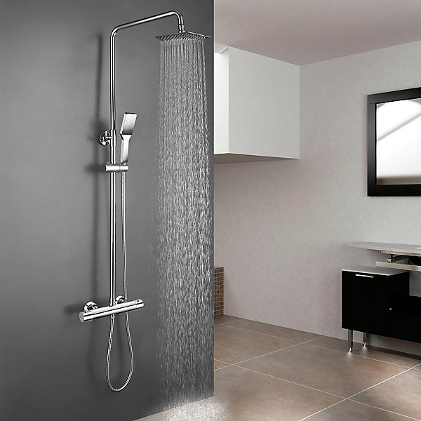 Colonne de douche thermostatique carrée extra-longue 100-150 cm, finition chrome poli, en laiton Kibath