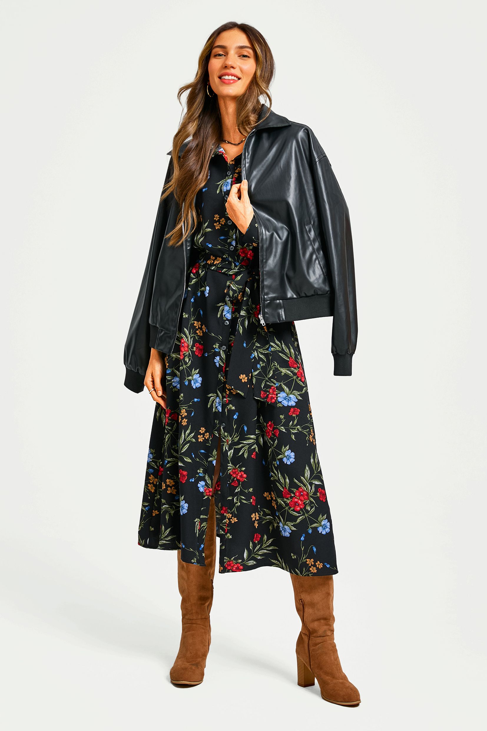 FS Collection Floral Print Shirt Midi Dress With Tie Waist In Black