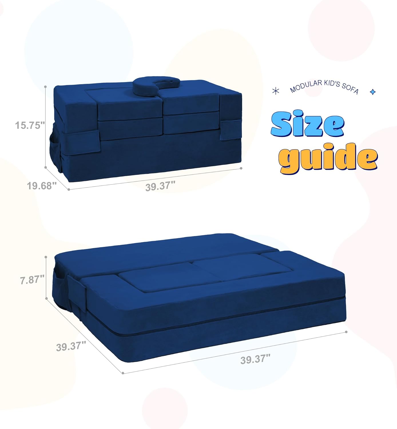 Elftopia Modular Kids Sofa,Toddler Couch Foam Armchair for Kids, Children Convertible Plush Sofa Play Set,Fold Out SofaBed(Navy)