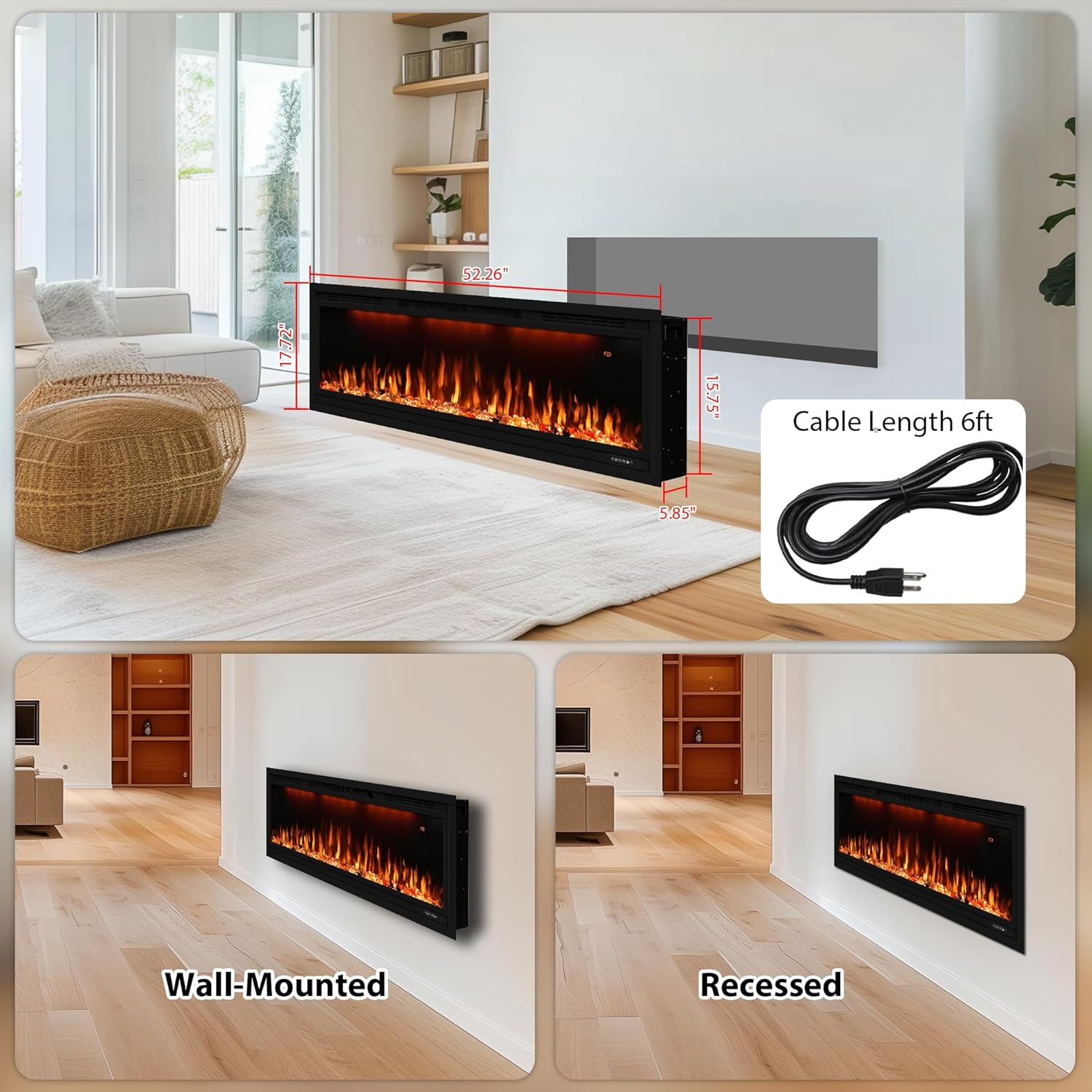 Valuxhome 50 inch Recessed Modern Electric Fireplace with WiFi Smart Control, 3 Top Light and Flame Colors, Timer&Thermostat, Overheating Protection, Logset and Crystal, Touch Screen, Black