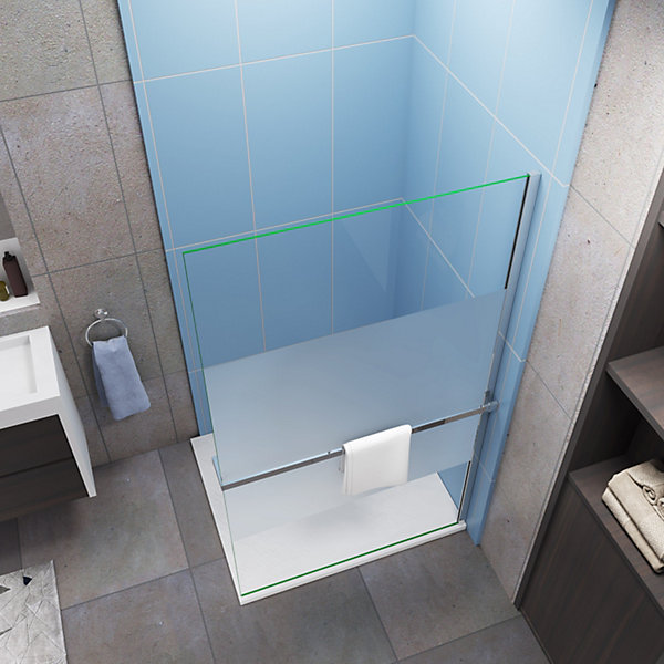 Paroi douche italienne 100x200 cm verre 8mm anticalcaire bande dépoli   étagère de Douche alu chromé 100 cm