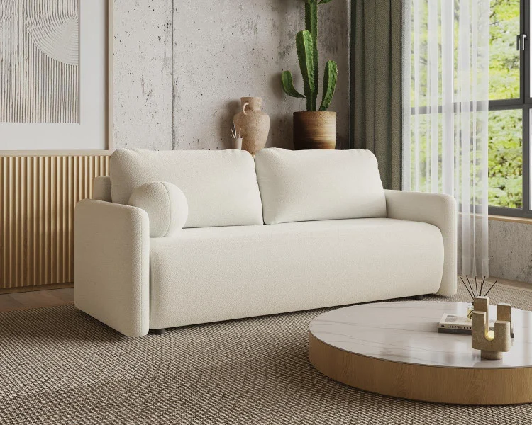 Rozkładana sofa w modnej kremowej tkaninie boucle 219cm LUNS