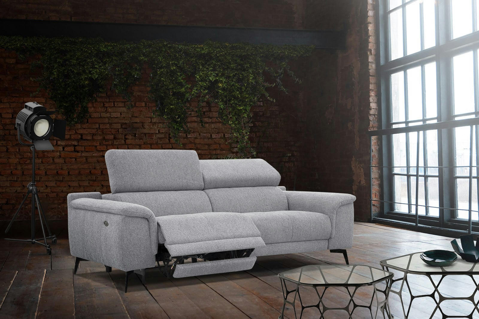 FIERO - Canapé 3 places XXL avec relax électrique côté gauche tissu gris clair