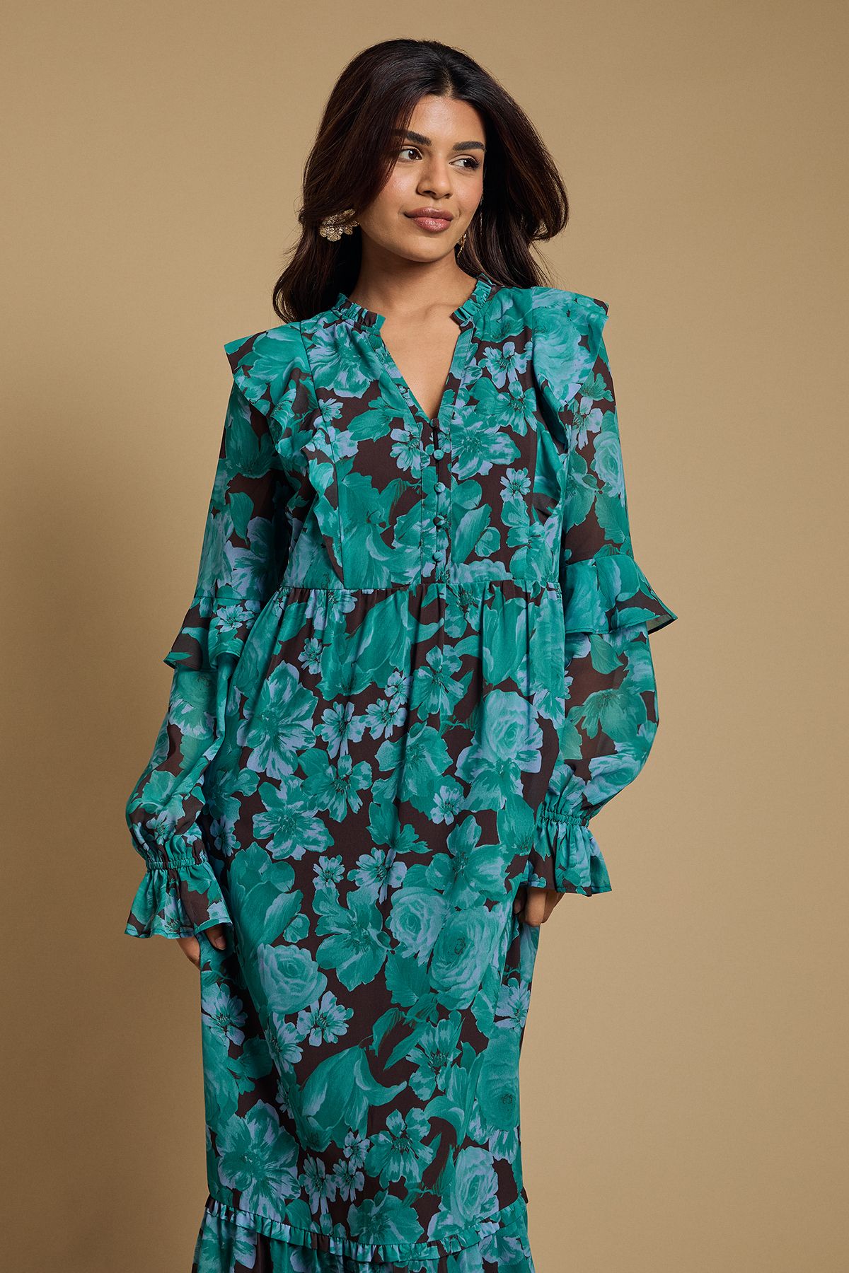 Oasis Petite Long Sleeve Ruffle Chiffon Tiered Maxi Dress