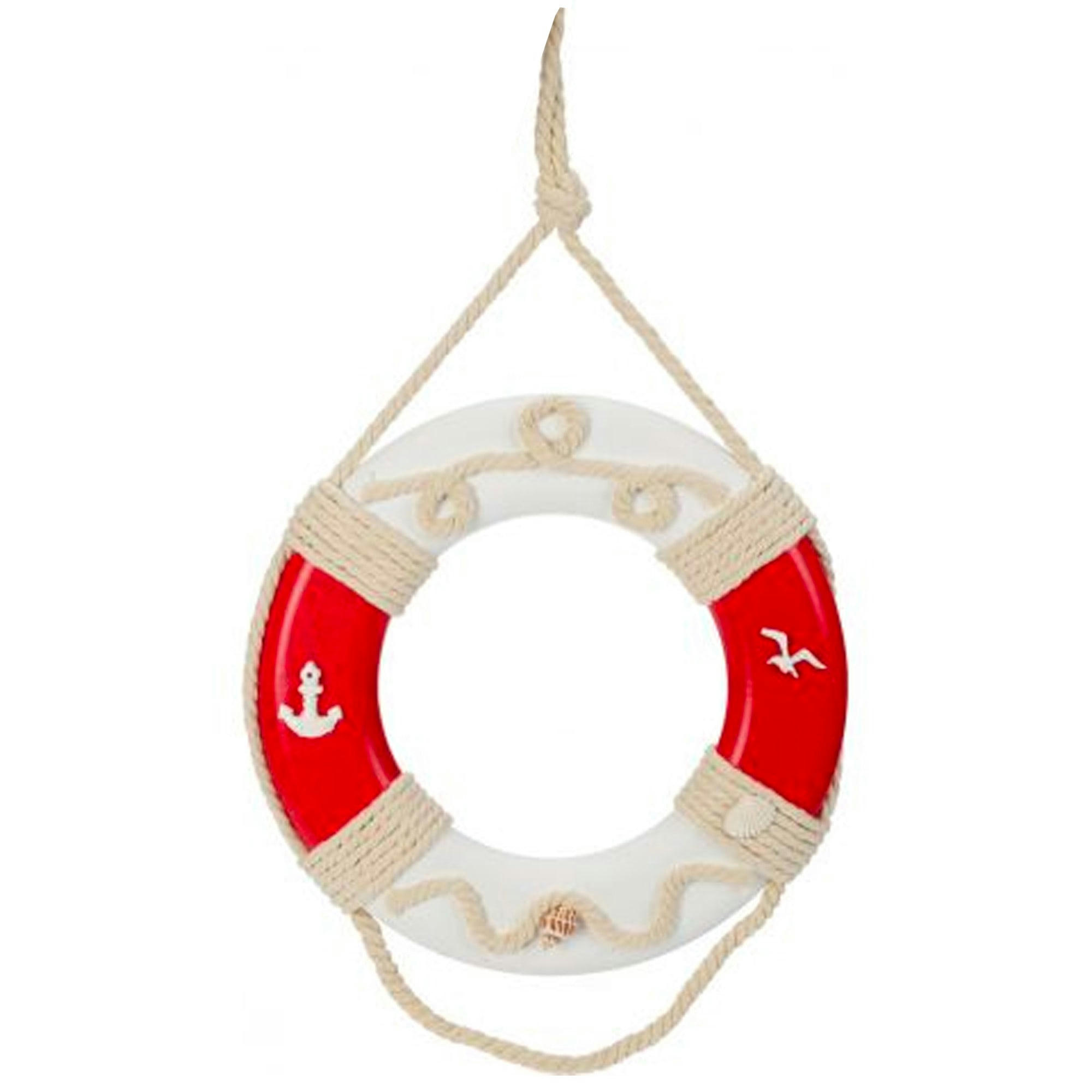 - Décoration murale bouée en bois rouge et blanc 30cm