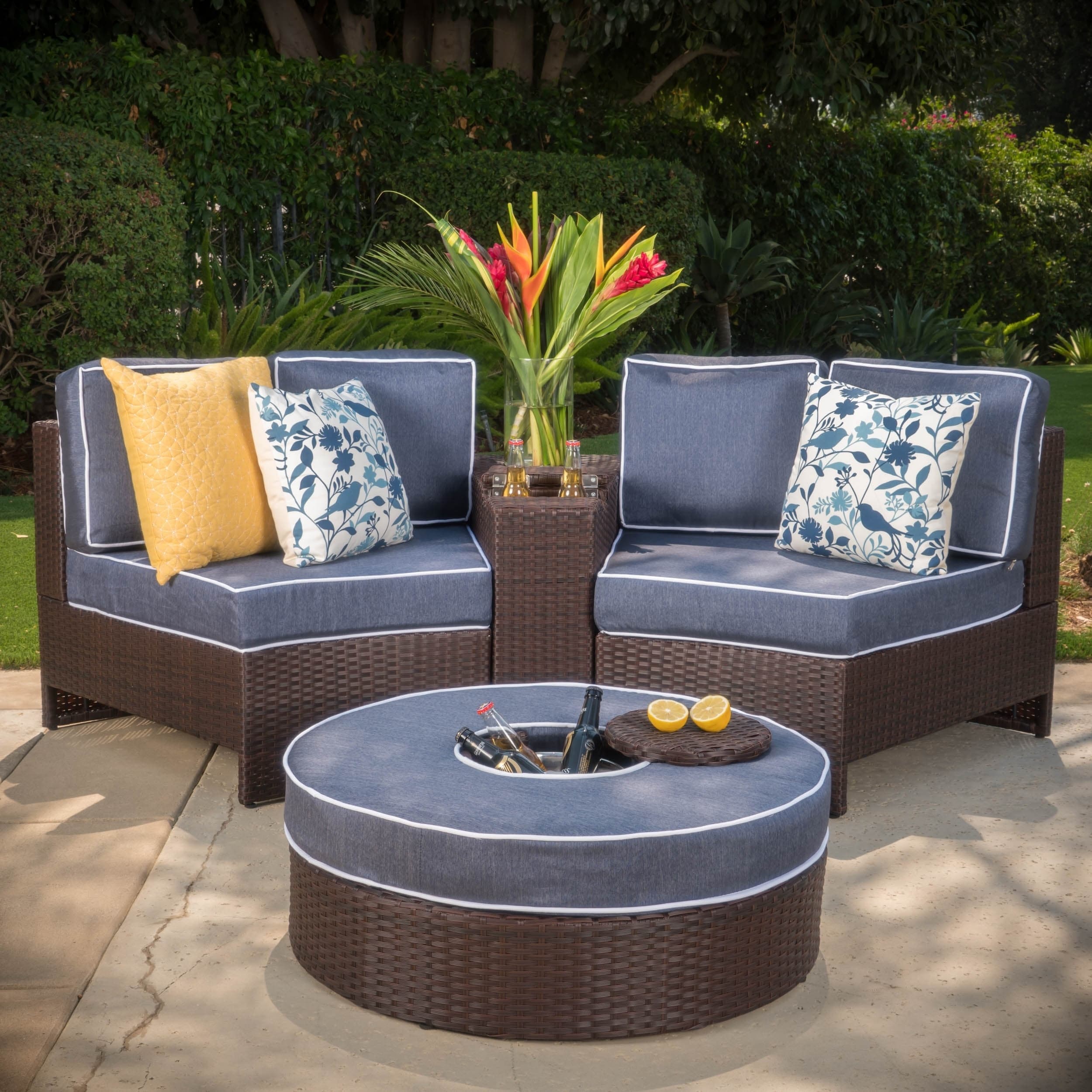 Madras Zanzibar Outdoor Curved Wicker Sectional Set w/ Ottoman by Christopher Knight Home