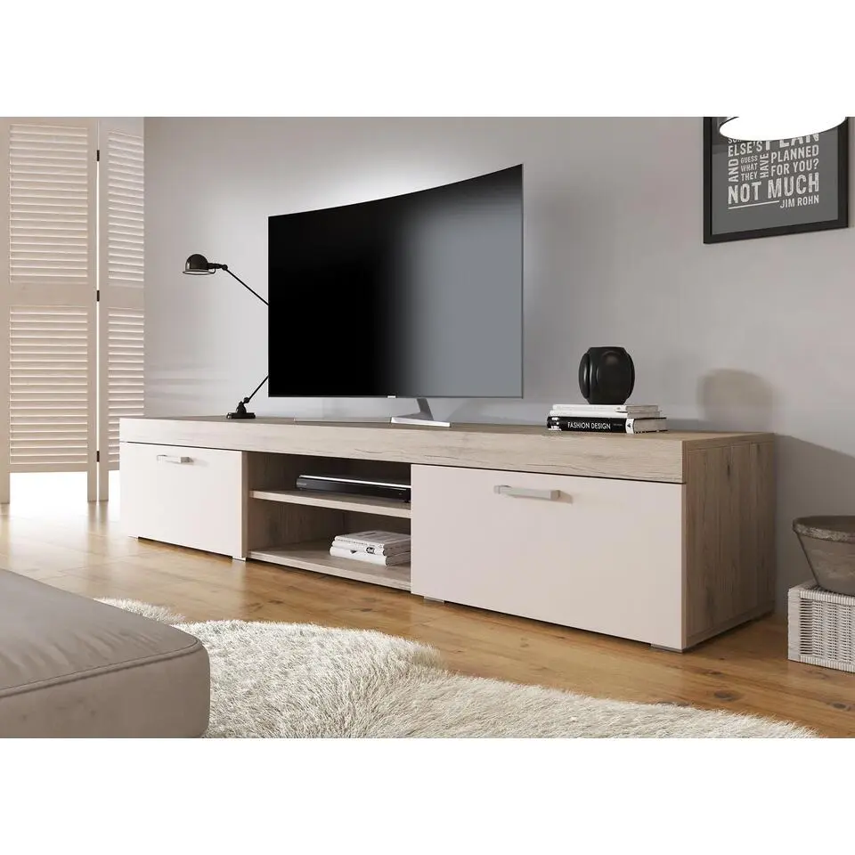 Meubella - TV-Meubel Slim - Creme - Licht eiken - 200 cm