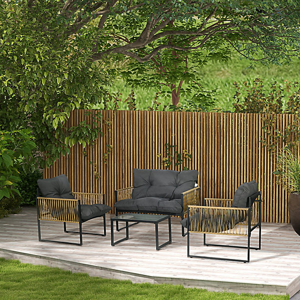 Ensemble salon de jardin4 places 4 pièces 3 coussins acier résine gris