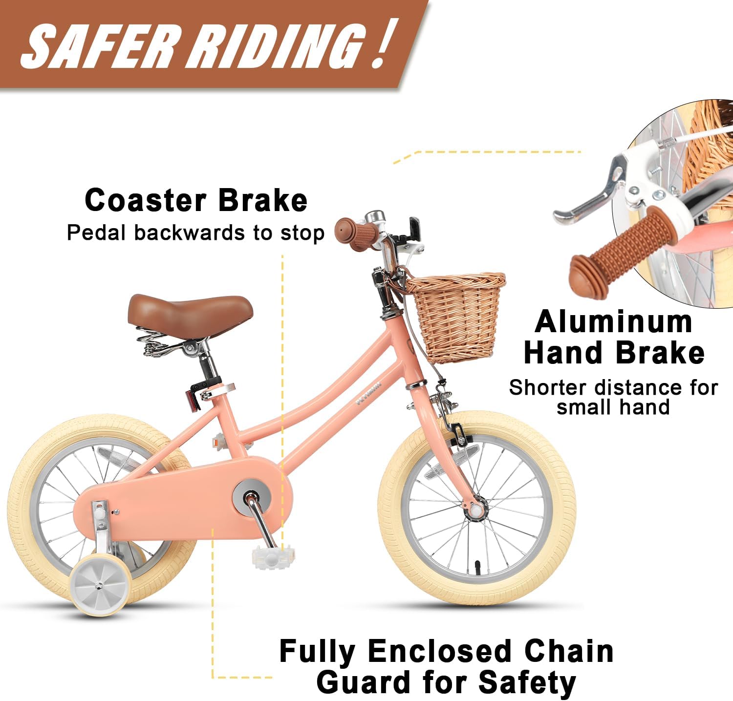 Petimini Vintage Kids Bike for Girls, 12–20 Inch Classic Bicycle with Wicker Basket & Bell, High Tensile Steel Frame, Training Wheels (12–18”), 85% Pre-Assembled, Retro Bike for Outdoor Riding