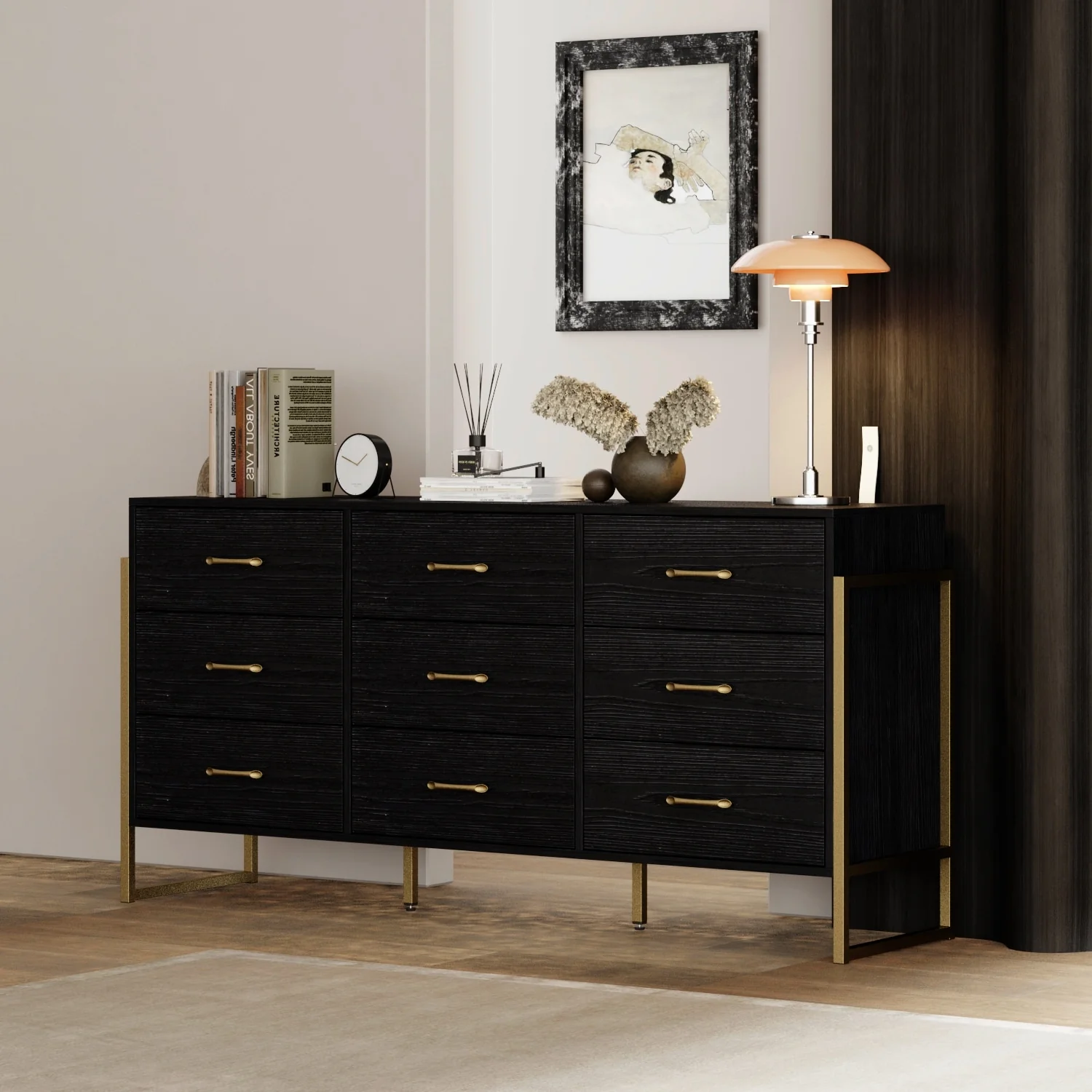 Elegant 9-Drawer Dresser with Gold Accents - Black Stripe Finish Chest