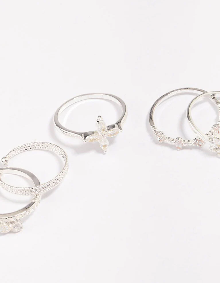 Silver Plated Cubic Zirconia Mixed Leaf Ring 5-Pack