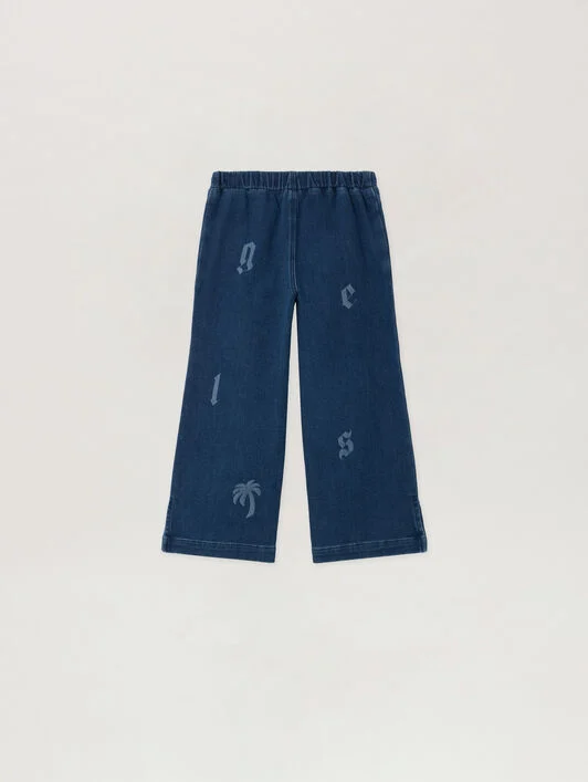 Letters Washed Wide-Leg Denim Pants