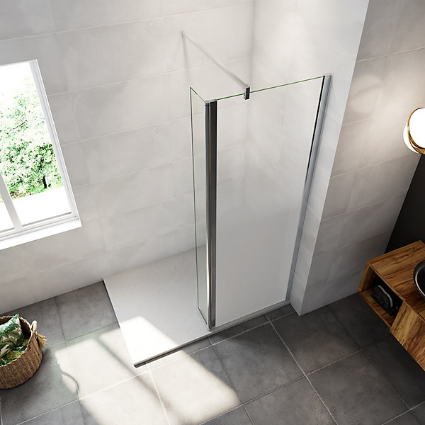 Paroi de douche avec 40 cm retour pivotant - 70 x 200 cm - 8 mm Verre effet Brume, finition chrome avec barre de fixation 90cm