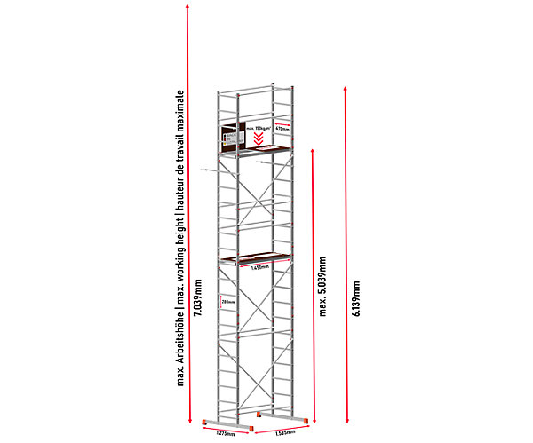 AluCombine 3 700 hauteur de travail 7m echafaudage echellee traverse 4 roues echafaudage de roulement ancrages muraux