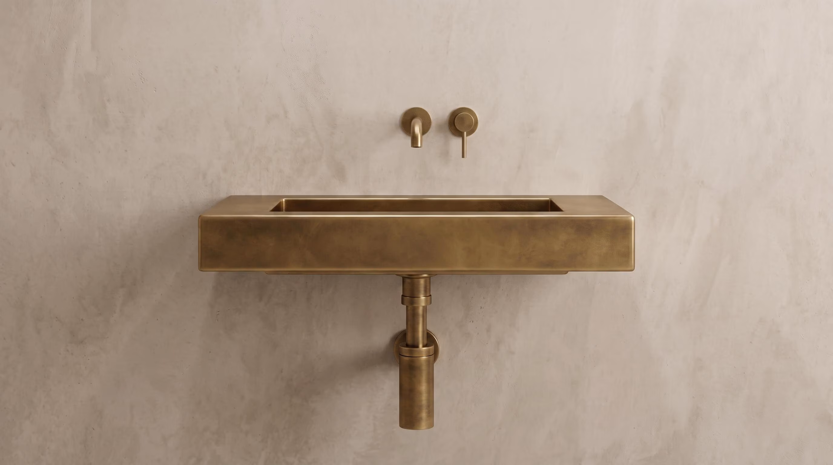 Aged Brass Wall Mounted Sink, Handmade Rectangular Bathroom Basin, Luxury Powder Room Sink With Faucet & Bottle Trap