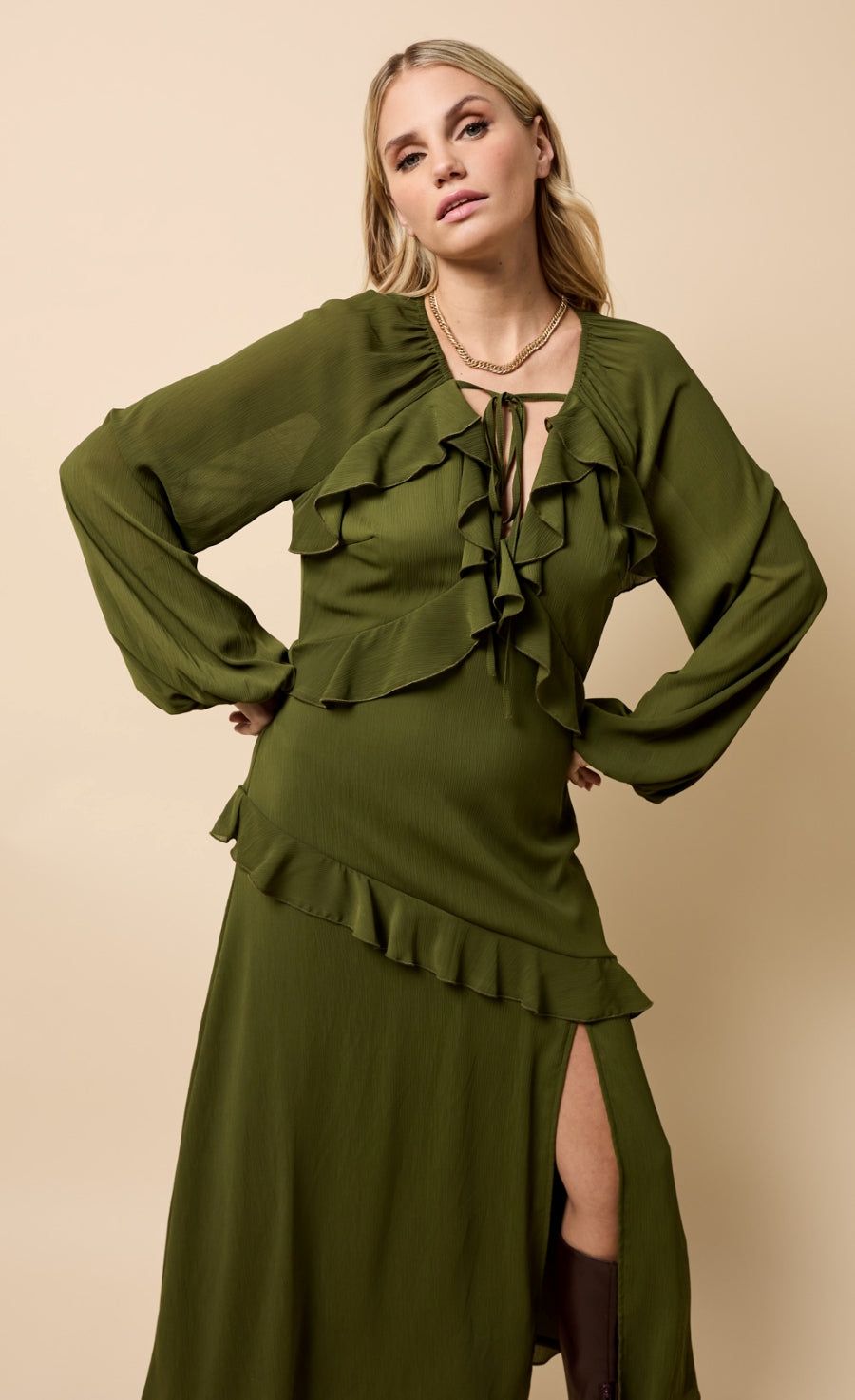 Little Mistress Khaki Chiffon Ruffle Maxi Dress