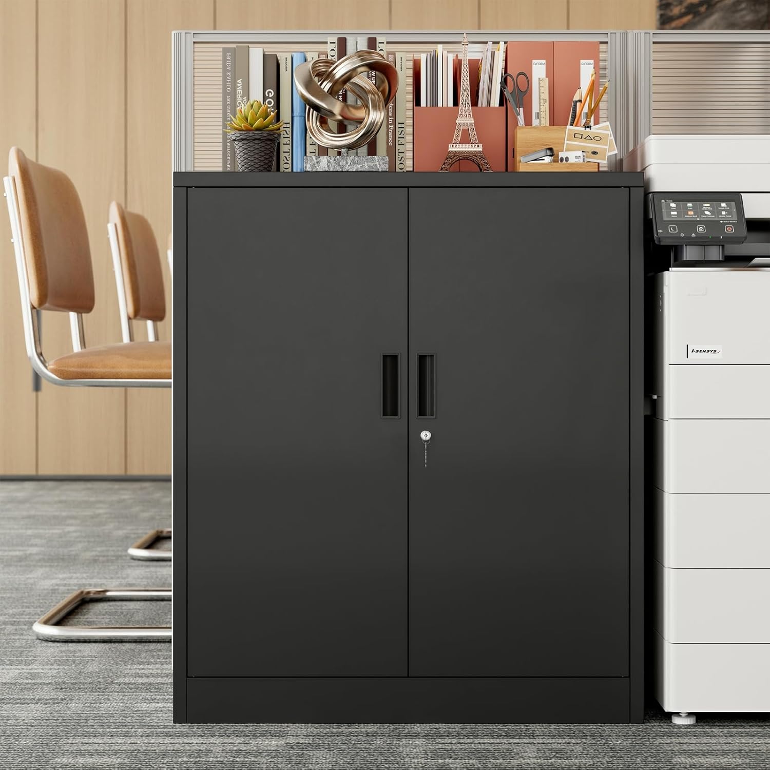 BESFUR Metal Garage Storage Cabinet with 2 Locking Doors and 2 Adjustable Shelves, 36 Black Metal Short Storage Cabinet for Home Office,Garage,School,Utility Room