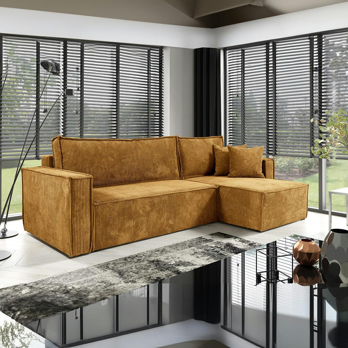 - Canapé d'angle réversible convertible 3 places velours côtelé jaune