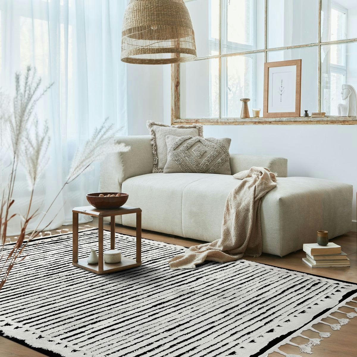 GRAPHICA - Tapis effet relief motifs traits blanc noir 120x170