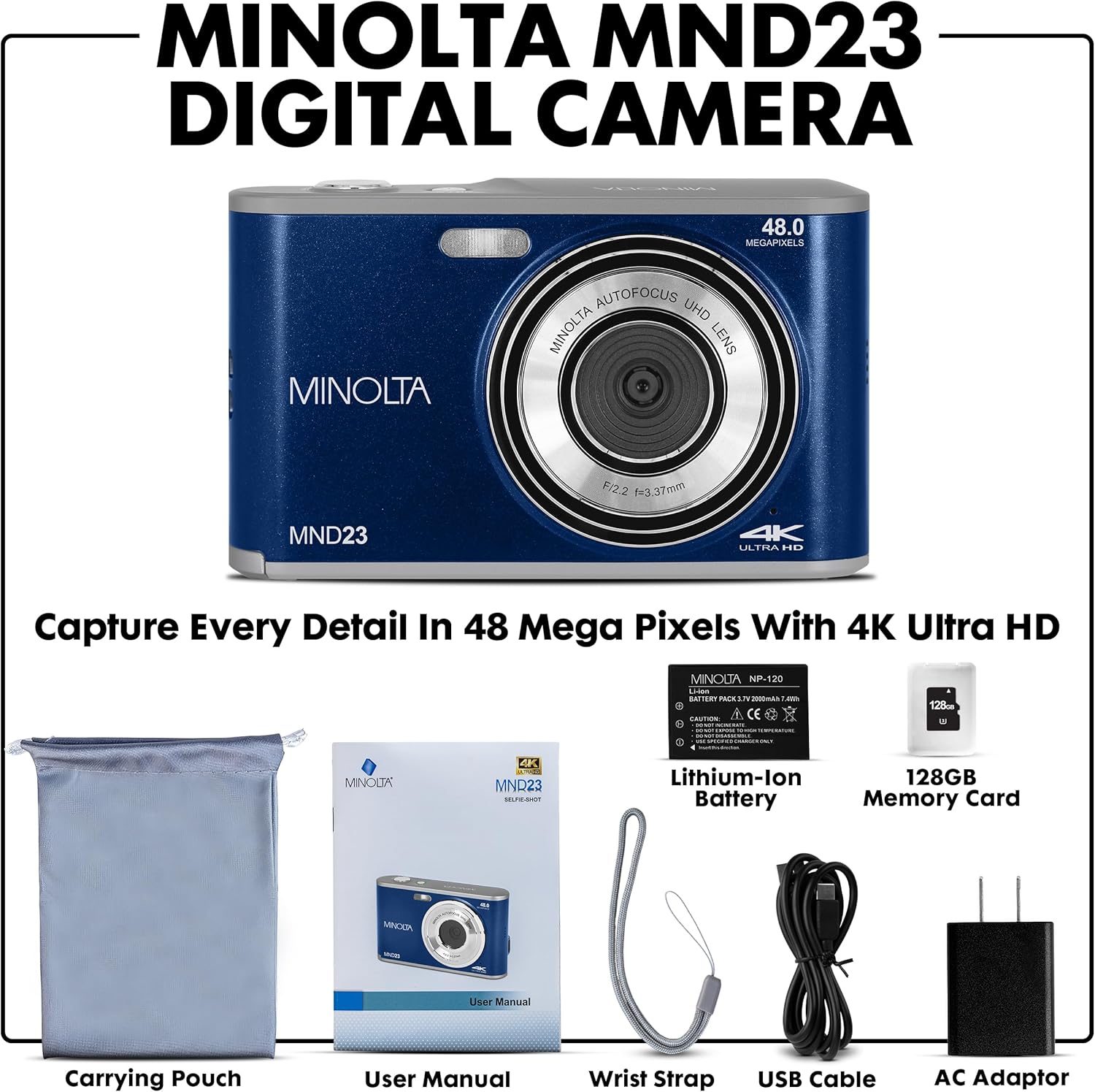 Minolta 48MP Digital Camera with Rear Selfie Lens – 4K Ultra HD Video  2.8 LCD Screen  16X Digital Zoom  Autofocus  Slow Motion  Time Lapse  Filters  Scene Modes  32GB Card Included (Blue)