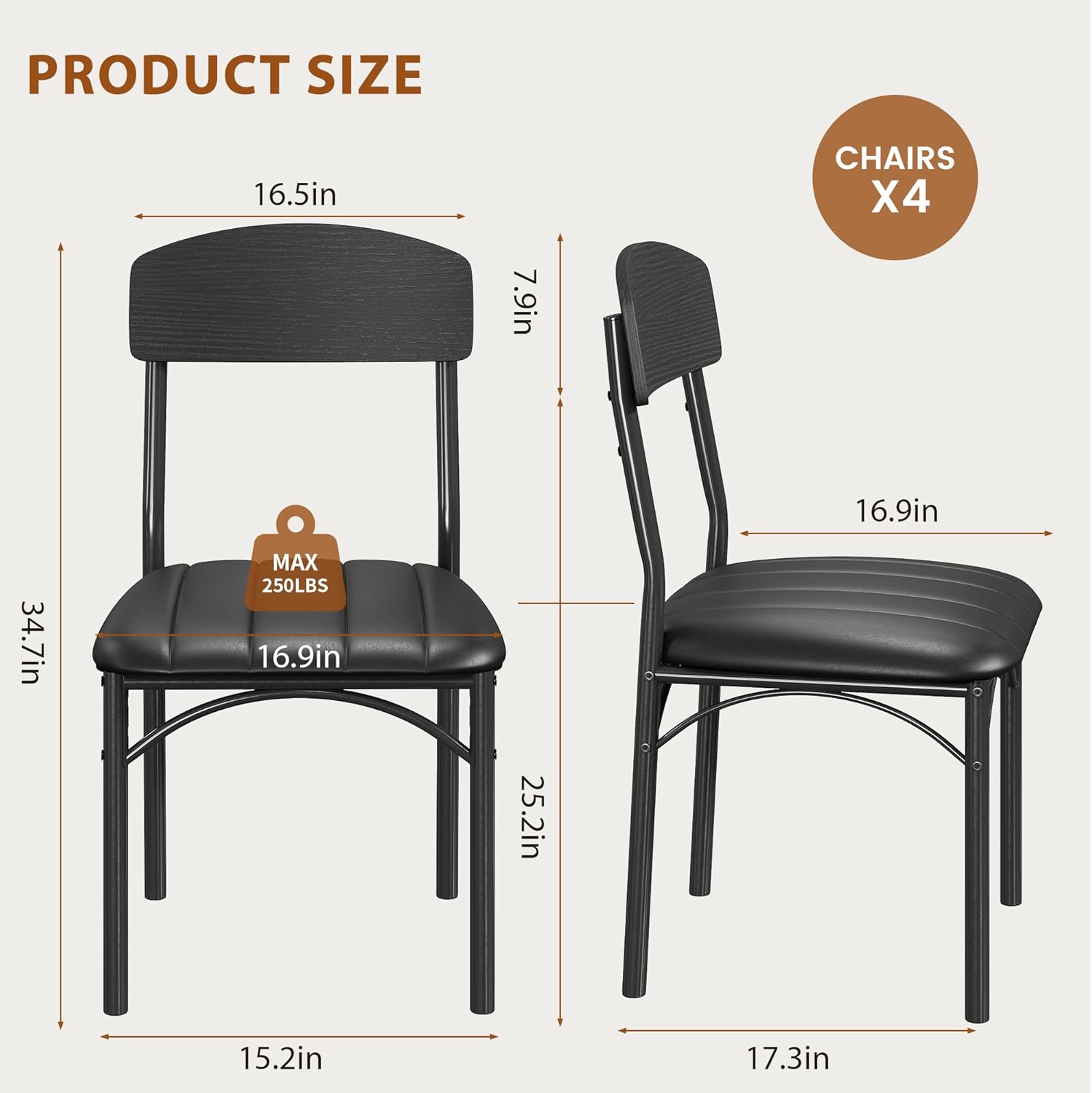 Jocoevol Dining Chairs Set of 4 - Upholstered Dining Room Chairs with PU Leather, Industrial Kitchen Chairs with Wooden Backrest and Thickened Metal Legs, for Dining Room, Living Room（Black）