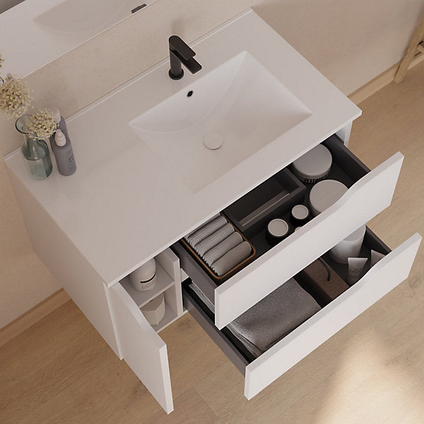 Meuble sous vasque seul, 2 tiroirs et 1 porte, 80cm, vasque déportée droite - blanc mat - ZARZA