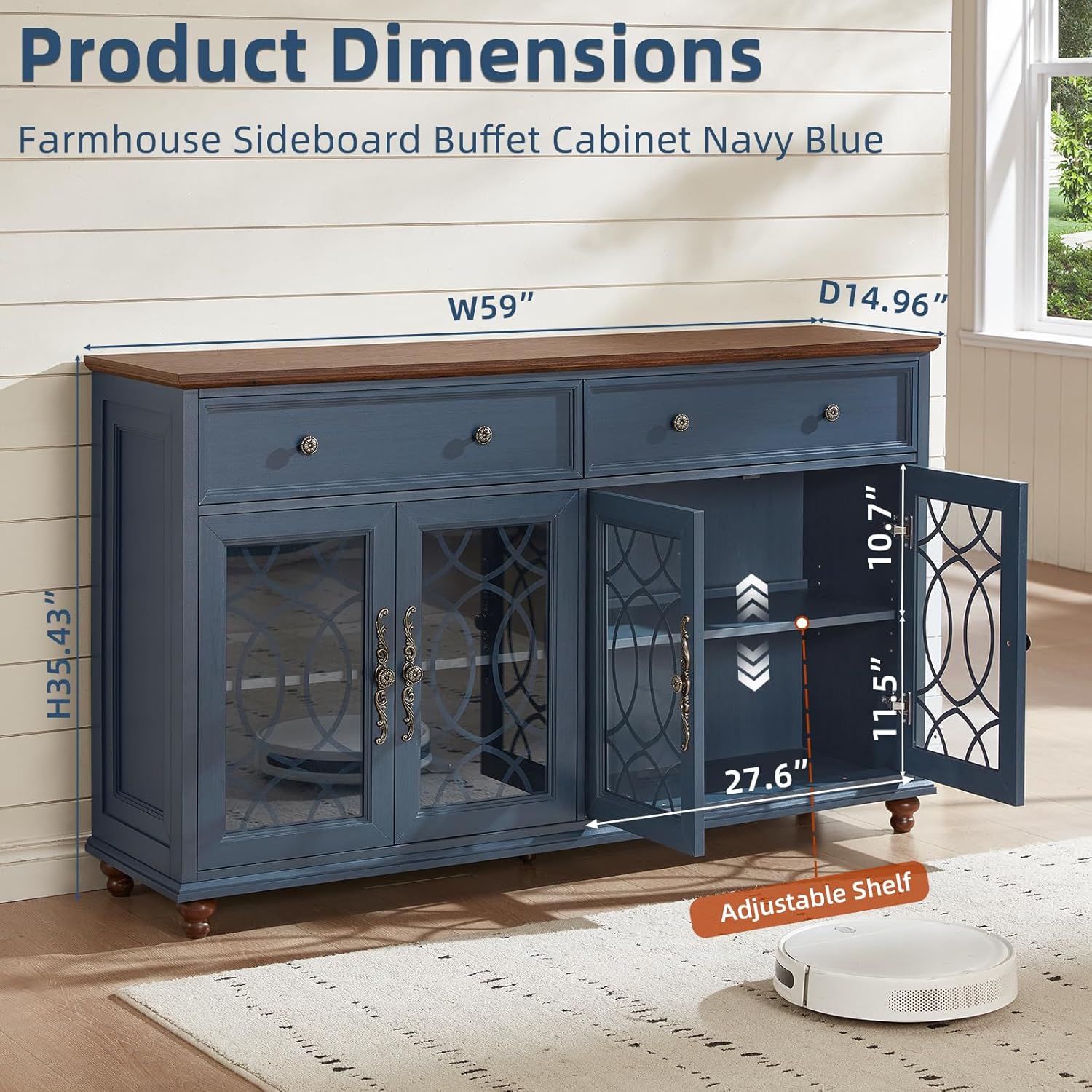 Joaxswe Farmhouse Sideboard Buffet Cabinet with Storage,59 Large Credenza with 4 Glass Doors & 2 Drawers,Adjustable Shelves Console Table,Wood Kitchen Coffee Bar for Dining Room,Living Room,Navy Blue