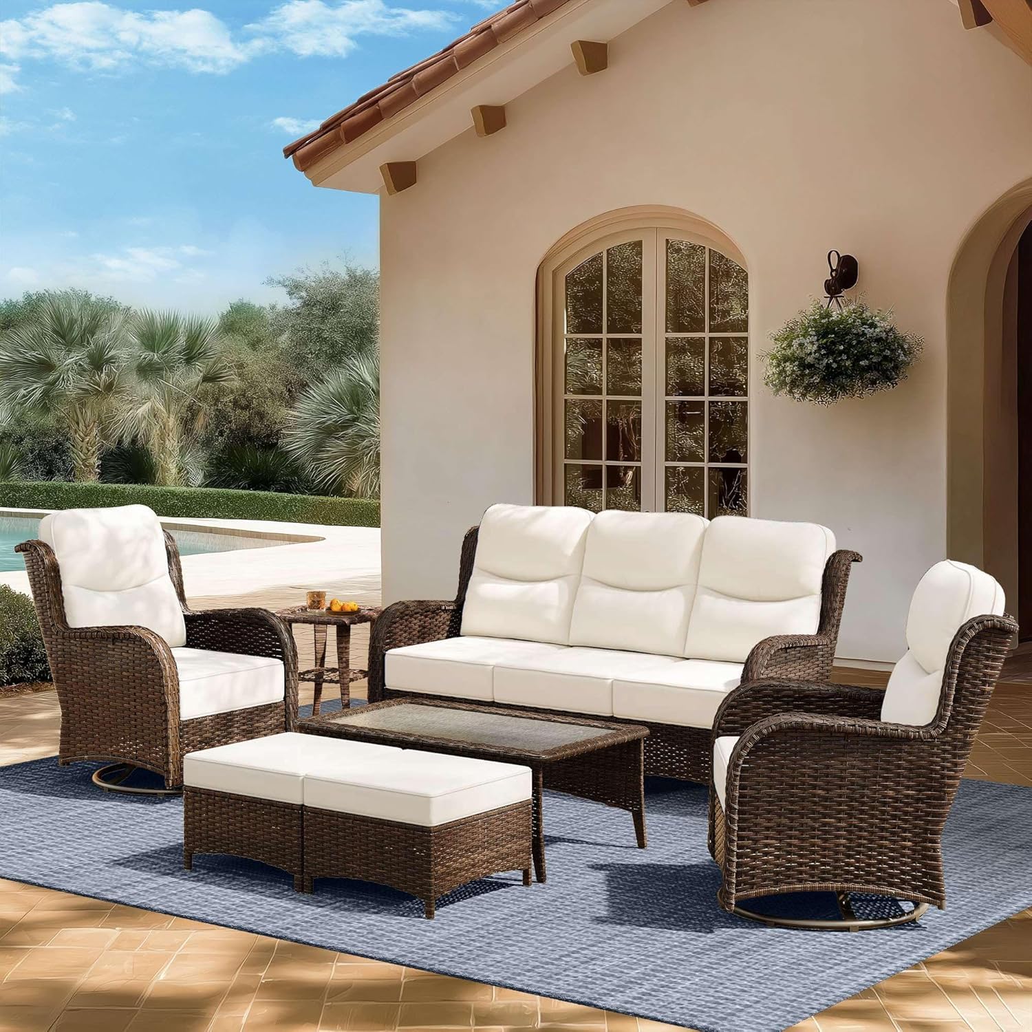 Outdoor Swivel Rocker Patio Chairs with 6-Inch Thick Cushions and Side Table, 3PCS High Back Wicker Patio Furniture Set for Porch, Balcony, Deck and Yard in Blue(7 PCS - Swivel Gliders  3-Seat Sofa/Cream White)