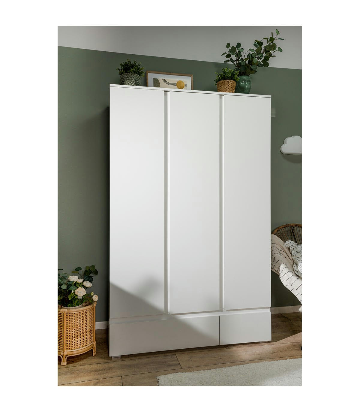 - Armoire 3 portes 2 tiroirs blanc- L120 x H191 x P55 cm