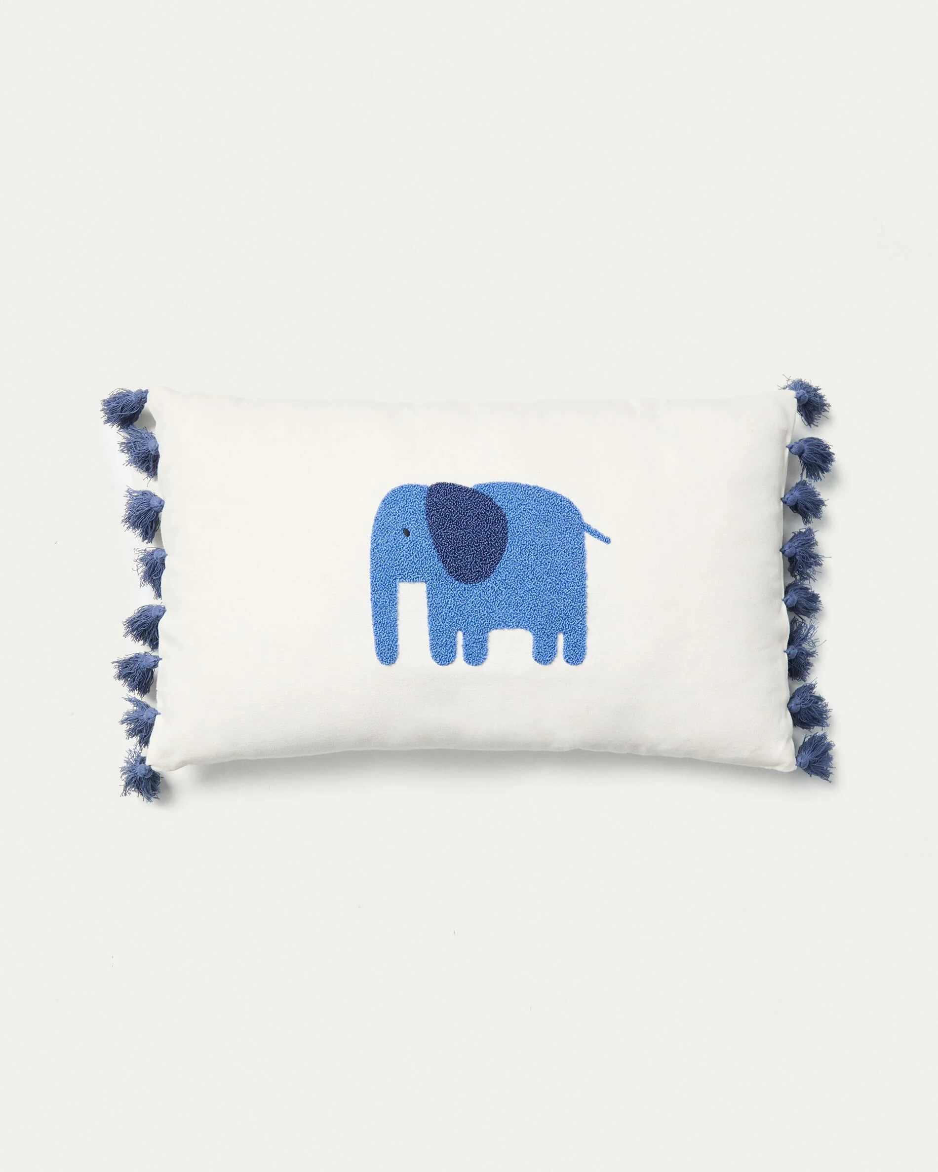Tandani beige cotton cushion cover with embroidered blue elephant 30 x 50cm