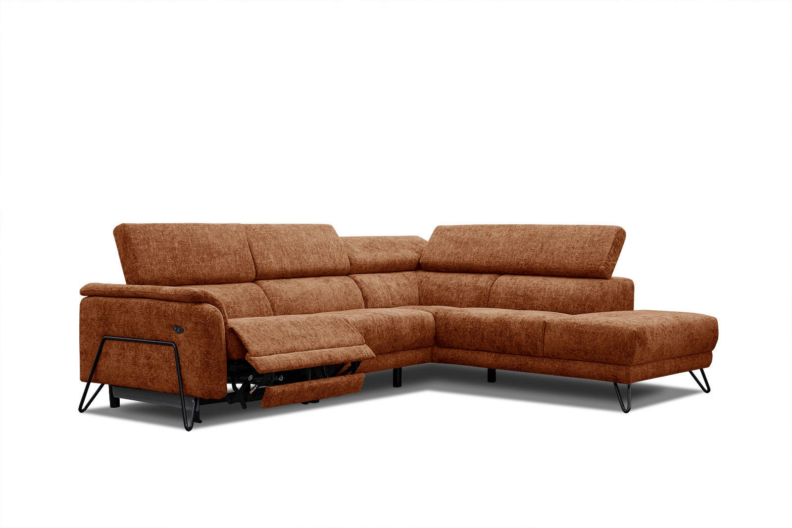 RODEN - Canapé d'angle droit 5 places avec relax électrique tissu rouge brique